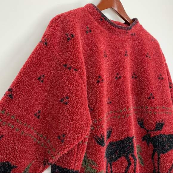 Alps Finest Quality Apparel Moose Print Winter Teddy Red Sweatshirt Size Large - Picture 3 of 16